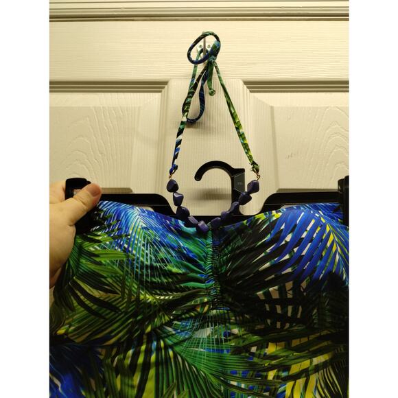 Chaps Women's Size 18 Blue Green Palm Frond Beaded Halter One-Piece Swimsuit - Picture 4 of 9